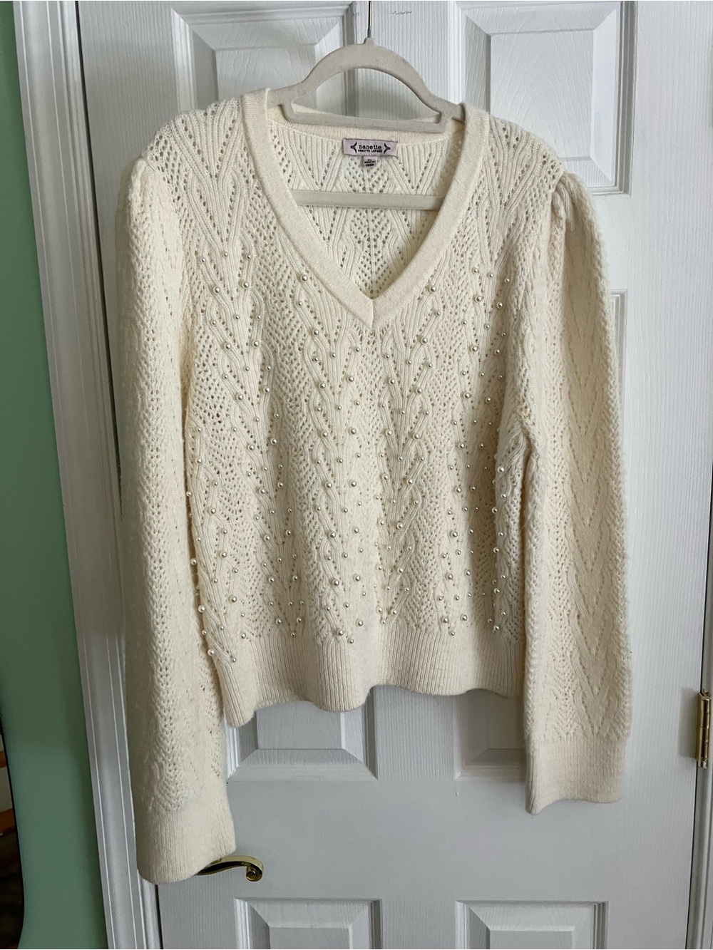 Nanette Lepore Cream Pearl-Embellished V-Neck Sweater